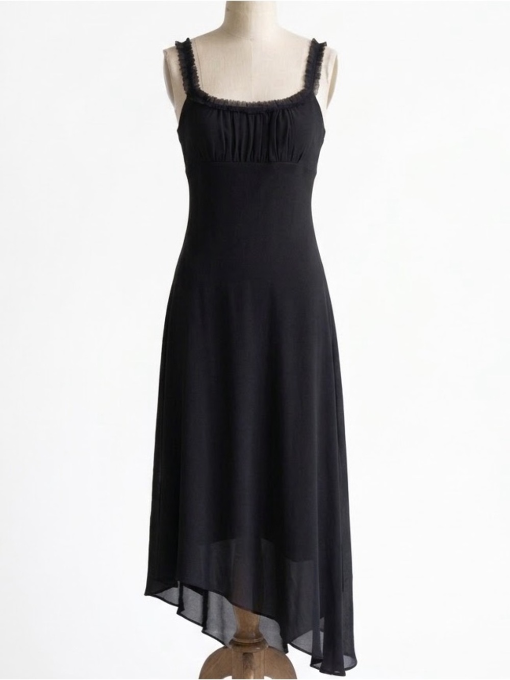 Tailor B. Moss Black High-Low Midi Dress with Ruffled Straps